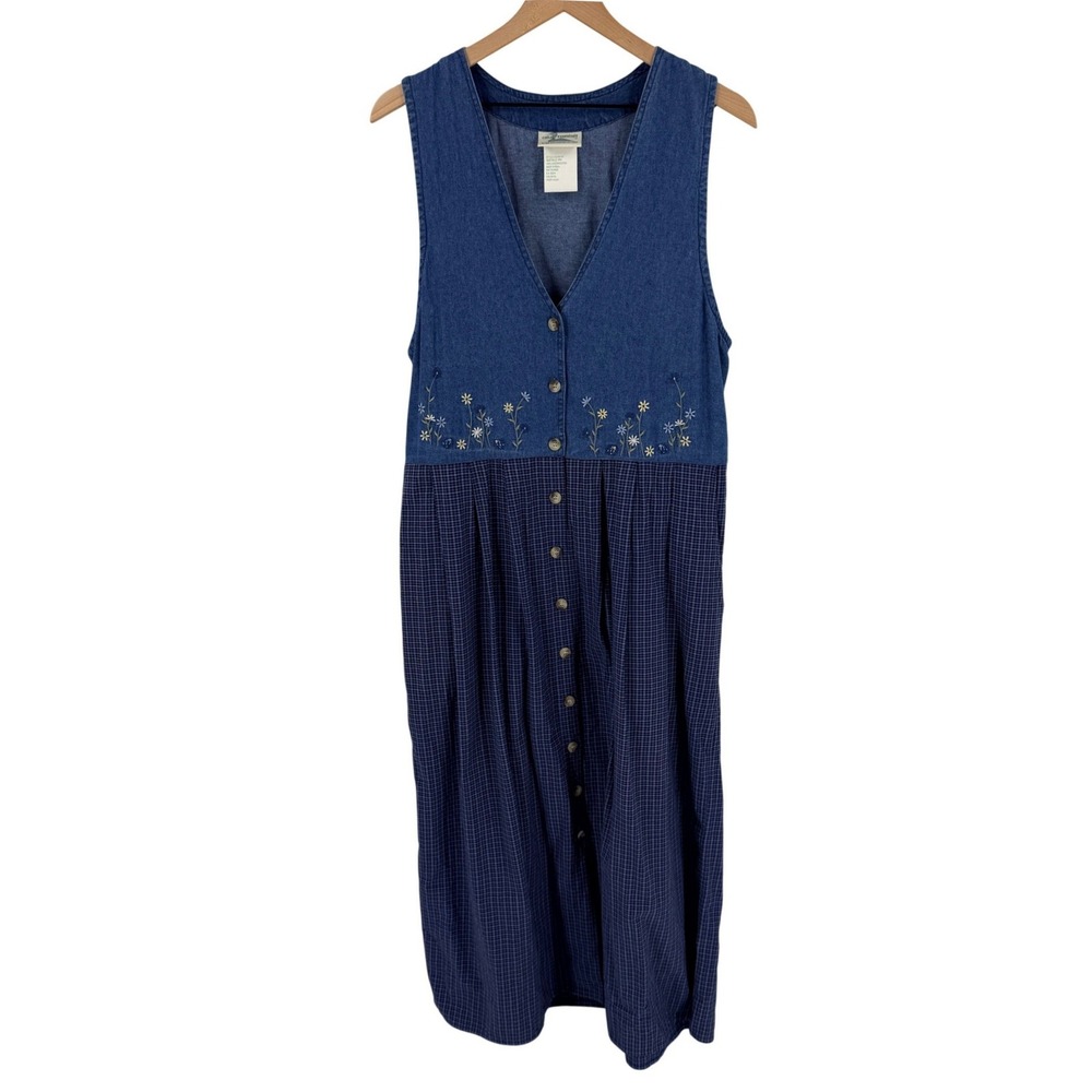 Vintage Northern Reflections‎ Maxi Dress Denim Cottagecore Floral Gingham Size M